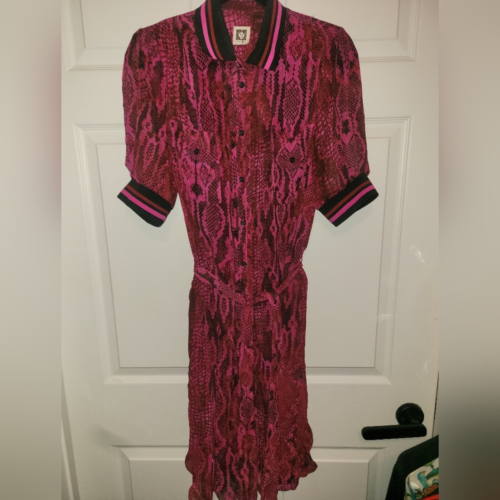 Pink Midi Dress with Puff Sleeves and Polo Collar